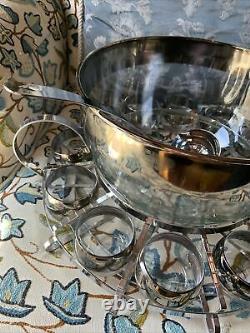 Vintage MCM Dorothy Thorpe Style 12 Roly Poly Glass Silver Fade Punch Bowl Caddy