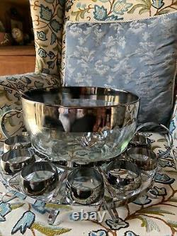 Vintage MCM Dorothy Thorpe Style 12 Roly Poly Glass Silver Fade Punch Bowl Caddy