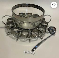 Vintage MCM Dorothy Thorpe Style 12 Roly Poly Glass Silver Fade Punch Bowl Caddy