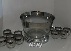 Vintage MCM Dorothy Thorpe Style Silver Punch Bowl Set with 11 Roly Poly Glasses