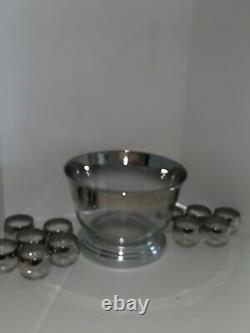 Vintage MCM Dorothy Thorpe Style Silver Punch Bowl Set with 11 Roly Poly Glasses