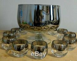 Vintage MCM Dorothy Thorpe Style Silver Punch Bowl Set with Roly Poly Glasses