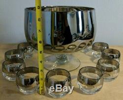 Vintage MCM Dorothy Thorpe Style Silver Punch Bowl Set with Roly Poly Glasses