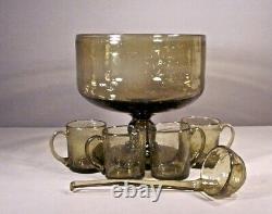 Vintage MCM Glass Punch Bowl Set Sage Green Controlled Bubble Glass Ladle 4 Mugs