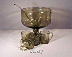 Vintage MCM Glass Punch Bowl Set Sage Green Controlled Bubble Glass Ladle 4 Mugs