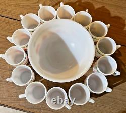 Vintage MCM HAZEL ATLAS Tom & Jerry Punch Bowl with 14 Cups, Auld Lang Syne