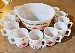 Vintage MCM HAZEL ATLAS Tom & Jerry Punch Bowl with 14 Cups, Auld Lang Syne