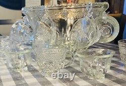 Vintage MCM Indiana Glass Princess CRYSTAL PUNCH BOWL SET Harvest Grape