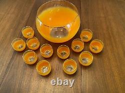 Vintage MCM Orange Blendo Roly Poly Bar Set Glasses Set of 12 with Punch Bowl