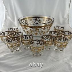 Vintage MCM Rare Culver Chantilly Set 22K Gold Punch Bowl + 11 Footed Glasses