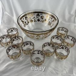 Vintage MCM Rare Culver Chantilly Set 22K Gold Punch Bowl + 11 Footed Glasses