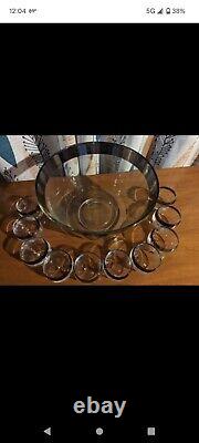 Vintage MCM Silver Dorothy Thorpe Style Punch Bowl With 10 Roly Poly Cups