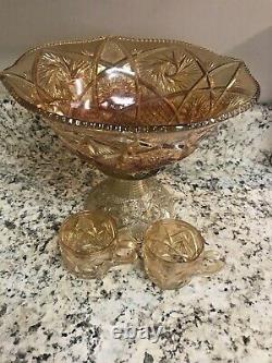 Vintage Marigold Carnival Glass Fruit / Punch Bowl With Pedestal