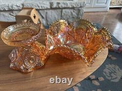 Vintage Marigold Carnival Glass Punch Bowl And Base