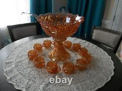 Vintage Marigold Carnival Glass Punch Bowl Set