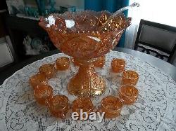 Vintage Marigold Carnival Glass Punch Bowl Set