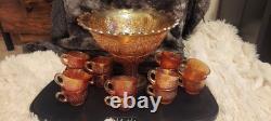 Vintage Marigold Carnival Glass Punch Bowl Set 16-Piece Collection