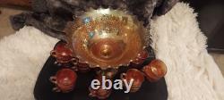 Vintage Marigold Carnival Glass Punch Bowl Set 16-Piece Collection