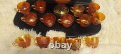Vintage Marigold Carnival Glass Punch Bowl Set 16-Piece Collection
