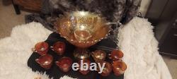 Vintage Marigold Carnival Glass Punch Bowl Set 16-Piece Collection