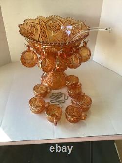 Vintage Marigold Carnival Glass Punch Bowl Set Of 14