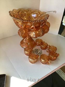Vintage Marigold Carnival Glass Punch Bowl Set Of 14