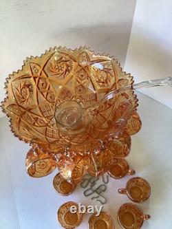 Vintage Marigold Carnival Glass Punch Bowl Set Of 14