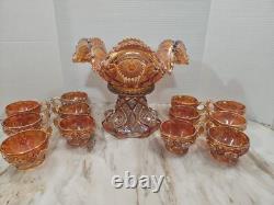 Vintage Marigold Carnival Glass Punch Bowl Set Of 14 Please Read