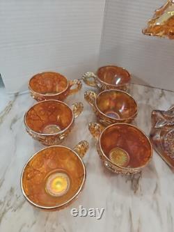 Vintage Marigold Carnival Glass Punch Bowl Set Of 14 Please Read