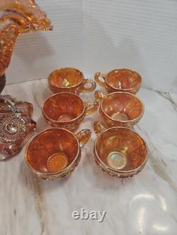 Vintage Marigold Carnival Glass Punch Bowl Set Of 14 Please Read