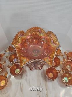Vintage Marigold Carnival Glass Punch Bowl Set Of 14 Please Read