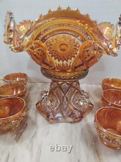 Vintage Marigold Carnival Glass Punch Bowl Set Of 14 Please Read
