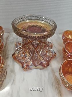 Vintage Marigold Carnival Glass Punch Bowl Set Of 14 Please Read