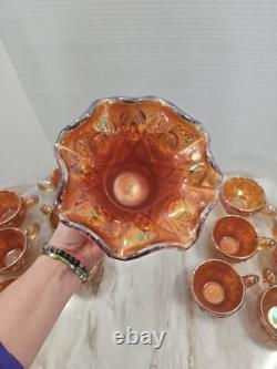 Vintage Marigold Carnival Glass Punch Bowl Set Of 14 Please Read