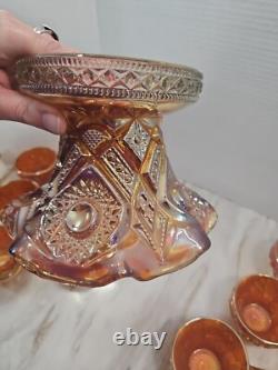 Vintage Marigold Carnival Glass Punch Bowl Set Of 14 Please Read