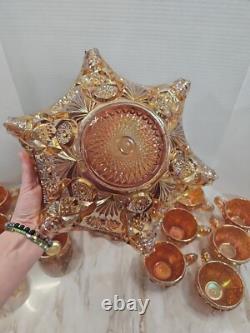 Vintage Marigold Carnival Glass Punch Bowl Set Of 14 Please Read