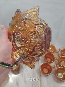 Vintage Marigold Carnival Glass Punch Bowl Set Of 14 Please Read