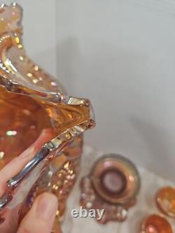 Vintage Marigold Carnival Glass Punch Bowl Set Of 14 Please Read