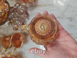 Vintage Marigold Carnival Glass Punch Bowl Set Of 14 Please Read