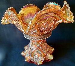 Vintage Marigold Carnival Glass Punch Bowl With Flared Pedestal Base 10Hx12W