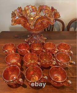 Vintage Marigold Carnival Glass Punchbowl with 12 cups and 8 Metal Hooks