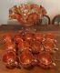 Vintage Marigold Carnival Glass Punchbowl with 12 cups and 8 Metal Hooks