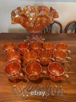 Vintage Marigold Carnival Glass Punchbowl with 12 cups and 8 Metal Hooks