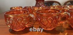 Vintage Marigold Carnival Glass Punchbowl with 12 cups and 8 Metal Hooks