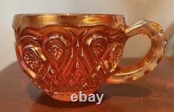 Vintage Marigold Carnival Glass Punchbowl with 12 cups and 8 Metal Hooks