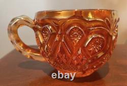 Vintage Marigold Carnival Glass Punchbowl with 12 cups and 8 Metal Hooks