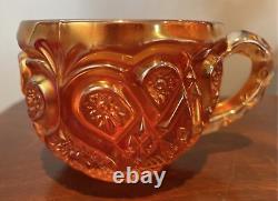 Vintage Marigold Carnival Glass Punchbowl with 12 cups and 8 Metal Hooks