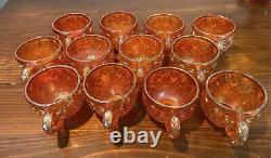 Vintage Marigold Carnival Glass Punchbowl with 12 cups and 8 Metal Hooks