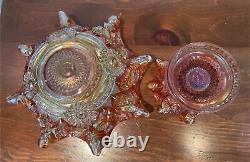 Vintage Marigold Carnival Glass Punchbowl with 12 cups and 8 Metal Hooks