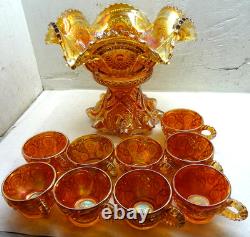 Vintage Marigold Carnival Iridescent Glass Punch Bowl Set 9-Cups FREE SHIPPING